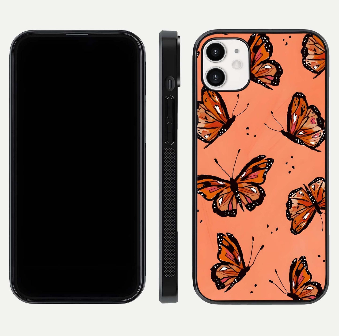 Coral Wing Butterfly Glass Case for iphone-12 dual-view layout displaying soft floral tones and curved edges