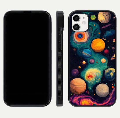 Cosmic Planet Journey Glass Case for iphone-12 dual-view layout displaying colorful cosmic balance