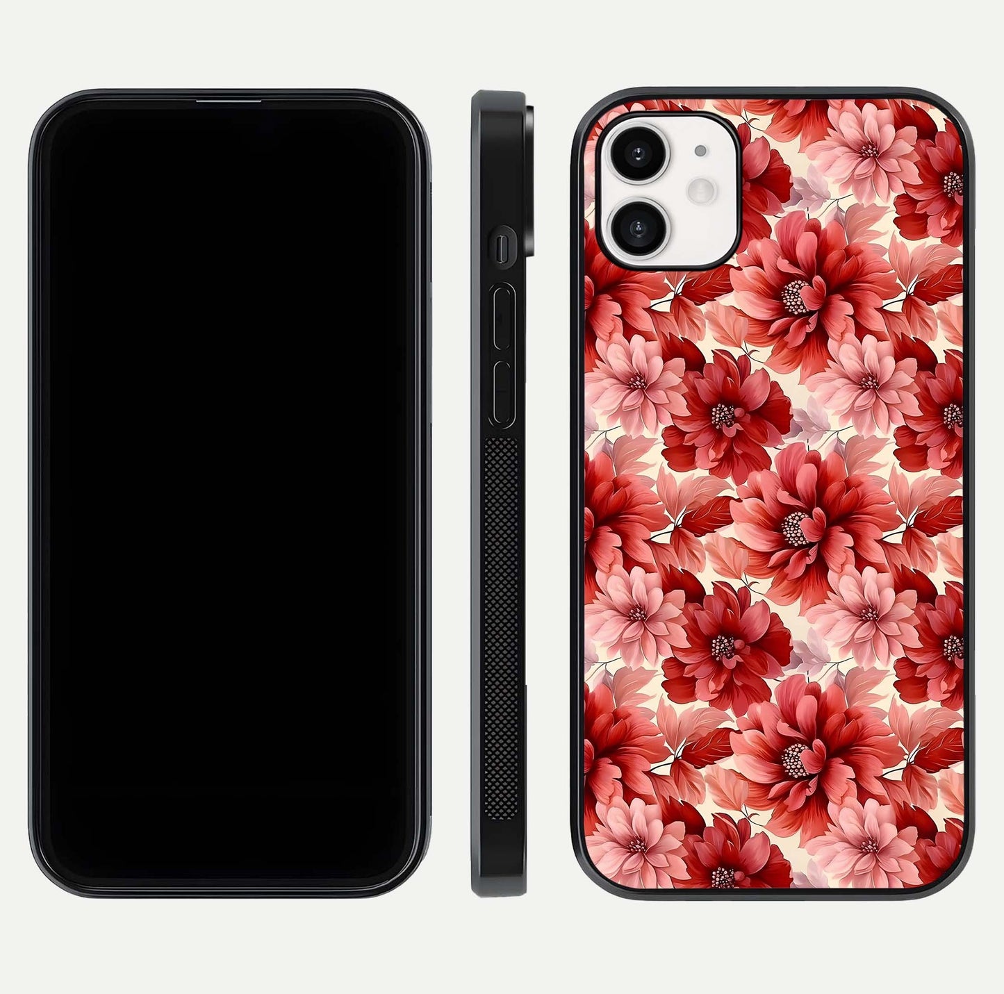 Crimson Love Petals Glass Case for iphone-12 dual-view layout displaying floral charm and curved glass