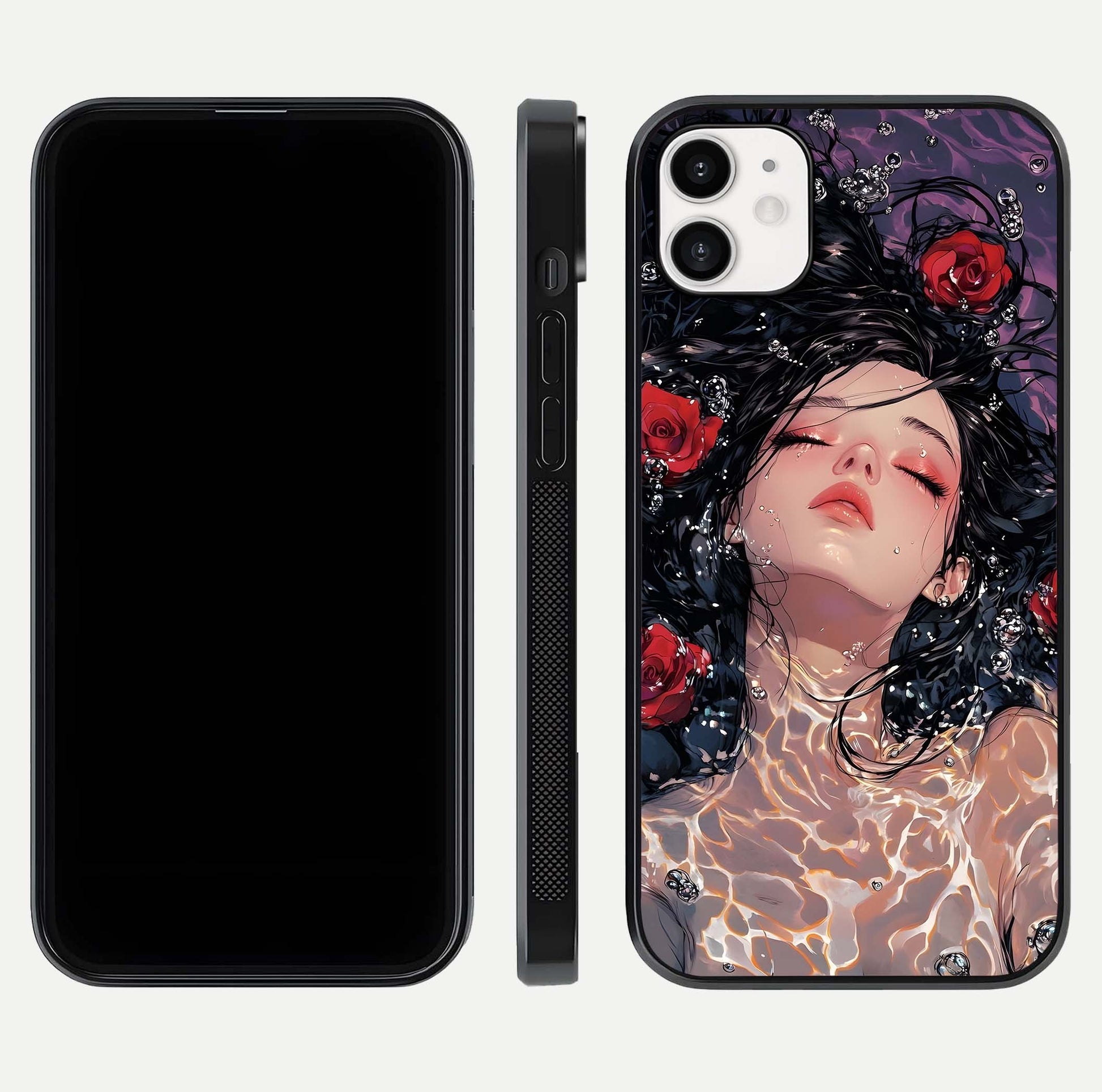 Crimson Rose Serenity Glass Case for iphone-12 dual-view layout displaying serenity tones and curved glass