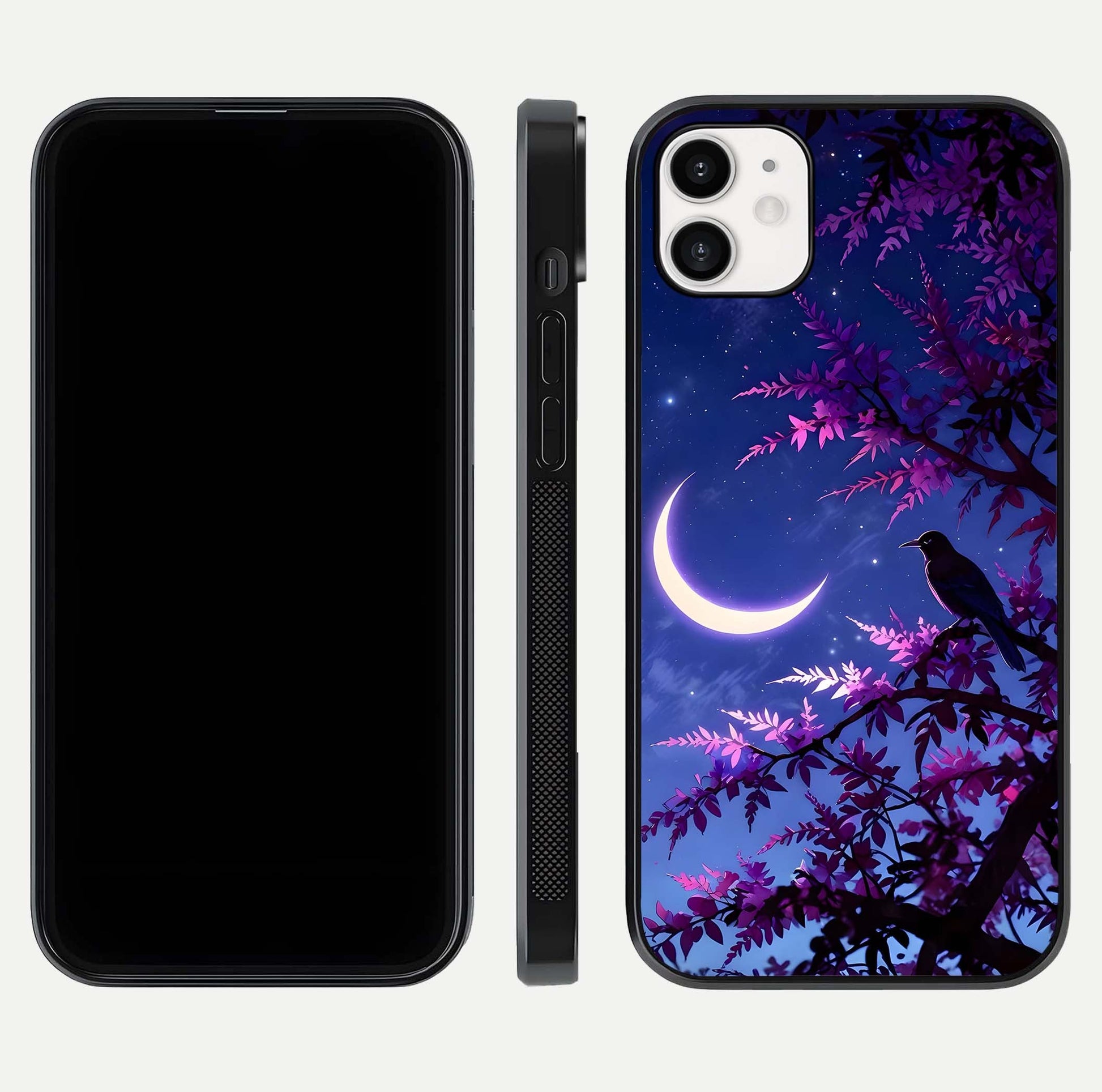 Crow & Moon Scenery Glass Case for iphone-12 dual-view layout displaying night sky art and curved glass edges