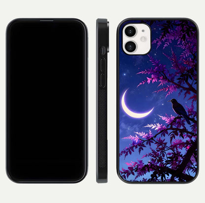 Crow & Moon Scenery Glass Case for iphone-12 dual-view layout displaying night sky art and curved glass edges