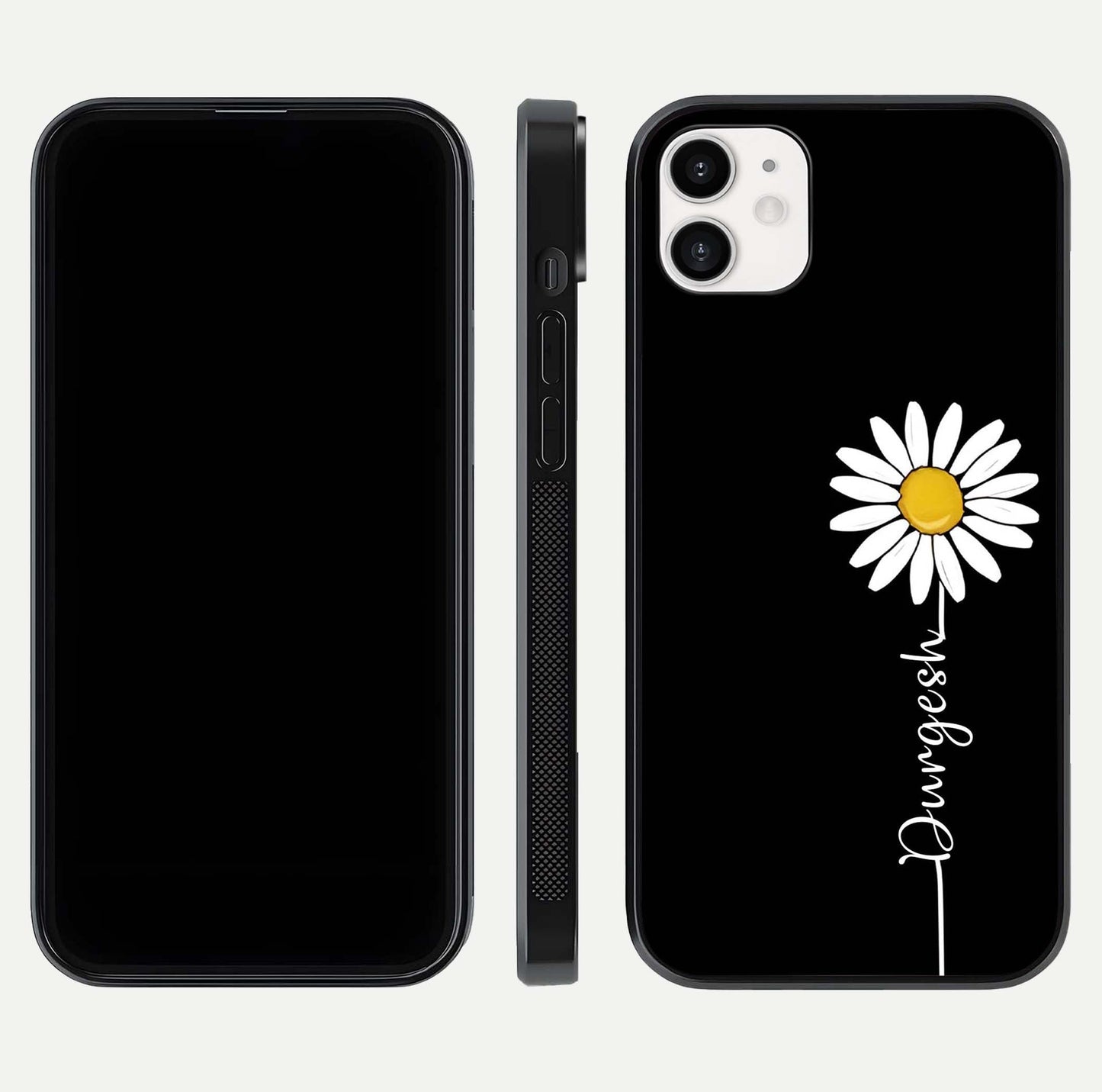 Custom Name White Flower Glass Case for iphone-12 dual-view layout showing elegant floral tone and curved edge finish