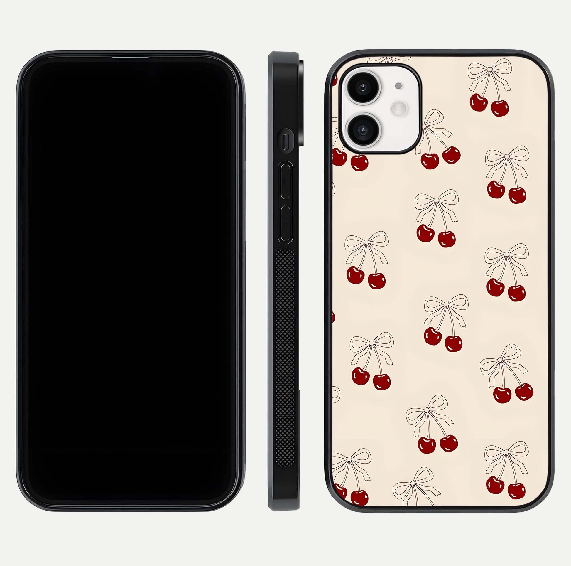 Cute Cherry Pattern Glass Case for iphone-12 dual-view layout displaying aesthetic fruit print and smooth edges