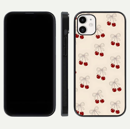Cute Cherry Pattern Glass Case for iphone-12 dual-view layout displaying aesthetic fruit print and smooth edges