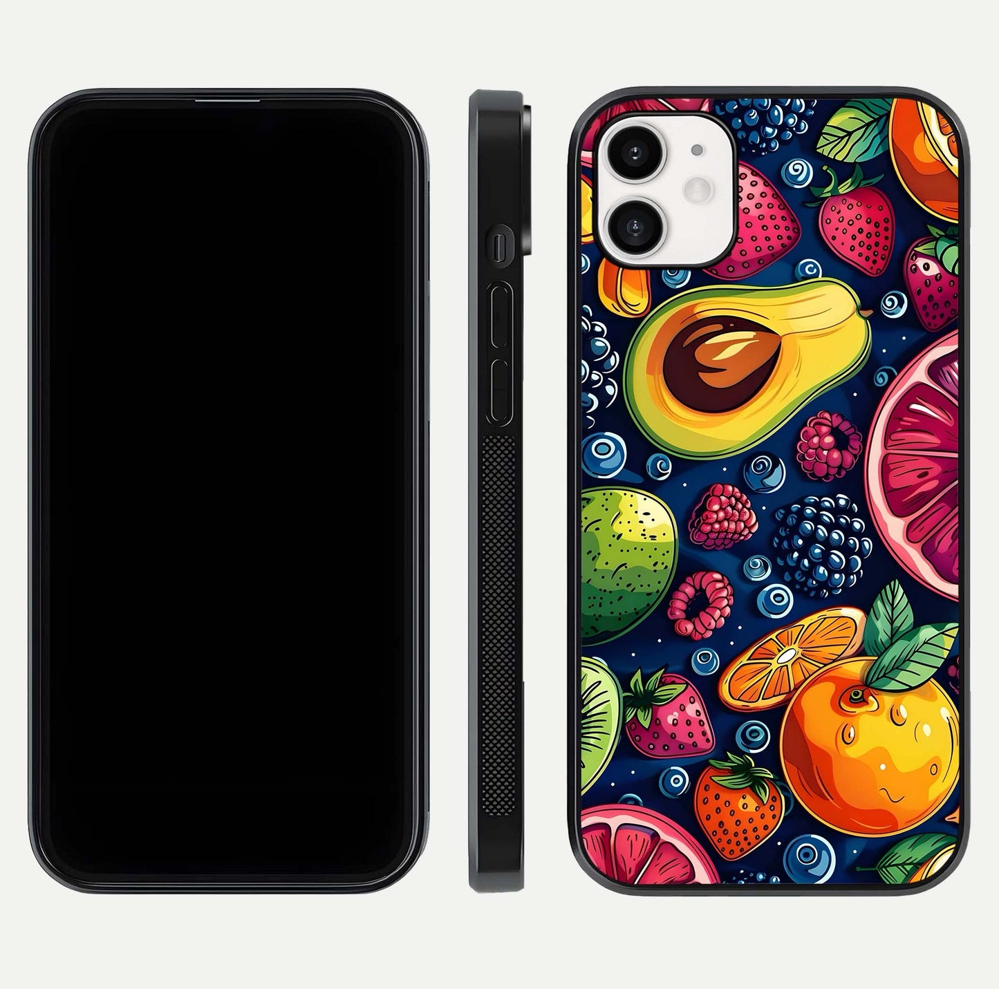 Cute Fruits Art Glass Case for iphone-12 dual-view layout displaying playful tones and curved design