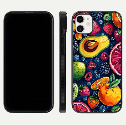 Cute Fruits Art Glass Case for iphone-12 dual-view layout displaying playful tones and curved design