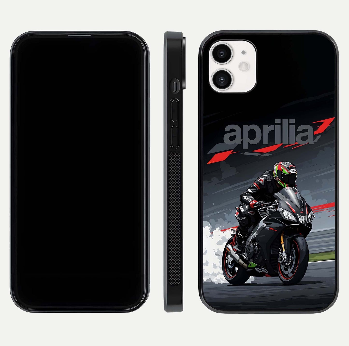 Dark Aprilla Glass Case for iphone-12 dual-view layout displaying sleek racing look and HD shine