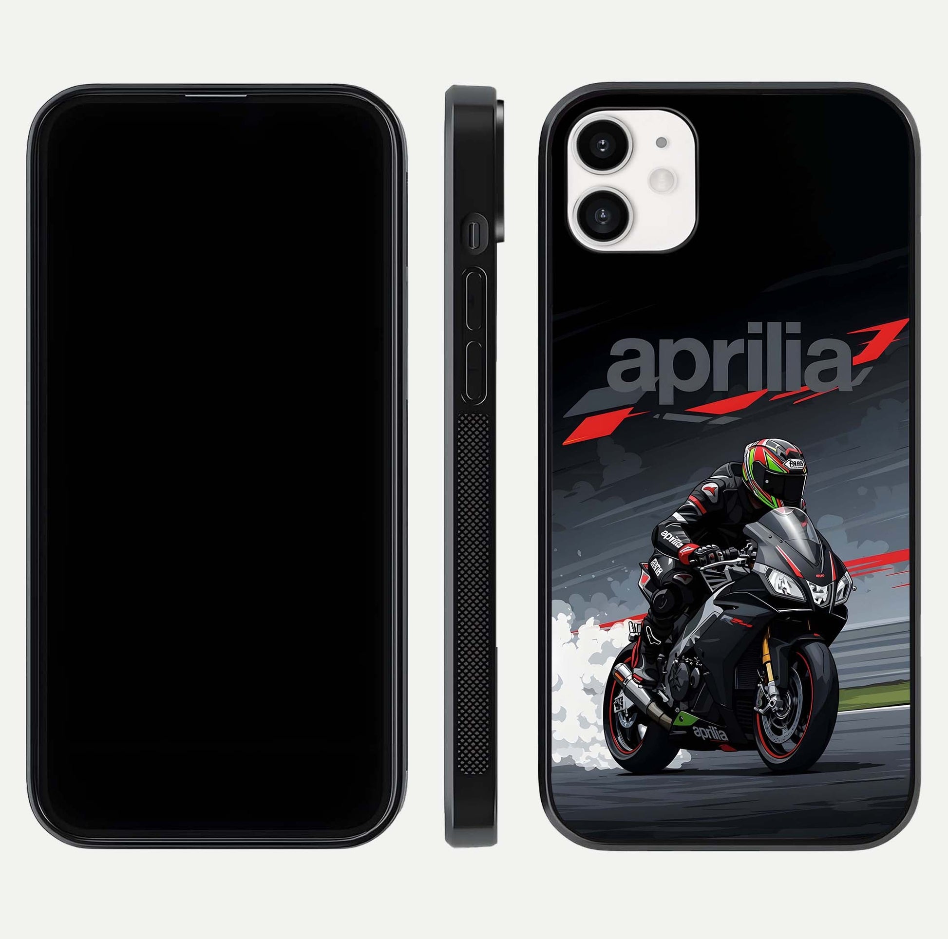 Dark Aprilla Glass Case for iphone-12 dual-view layout displaying sleek racing look and HD shine
