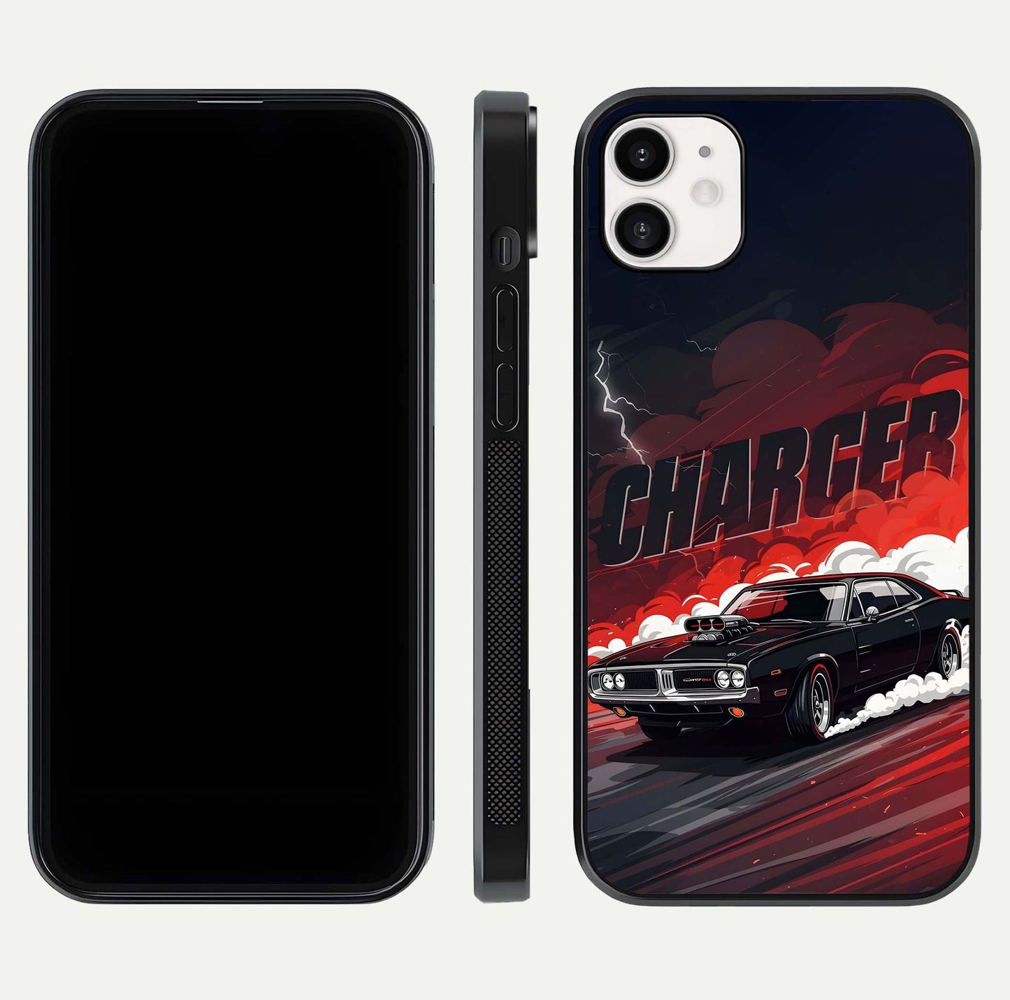 Dark Charger Fury Glass Case for iphone-12 dual-view layout displaying HD design and polished edges