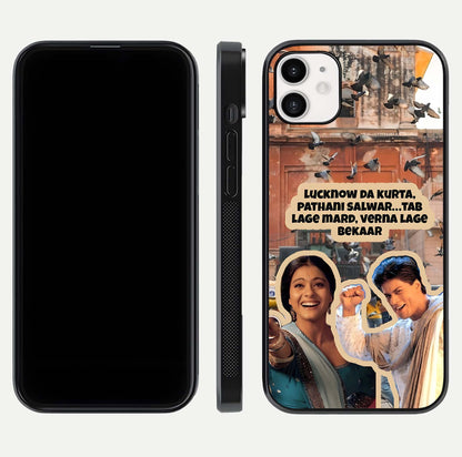 Desi Retro Vibes Glass Case for iphone-12 dual-view layout showing nostalgic design and smooth glass curve