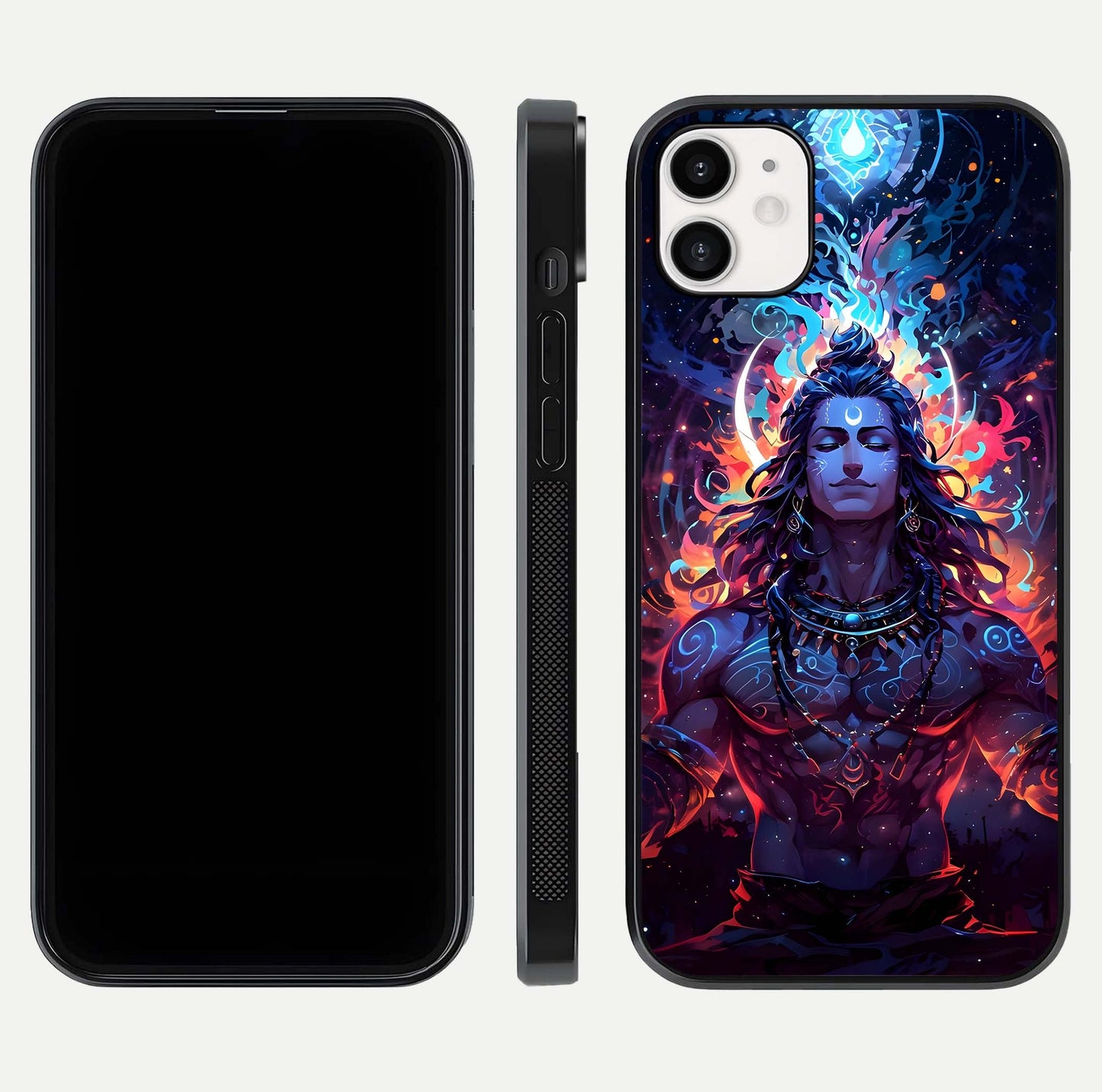 Divine Fire Shiv Glass Case for iphone-12 dual-view layout displaying HD deity print and curved edges
