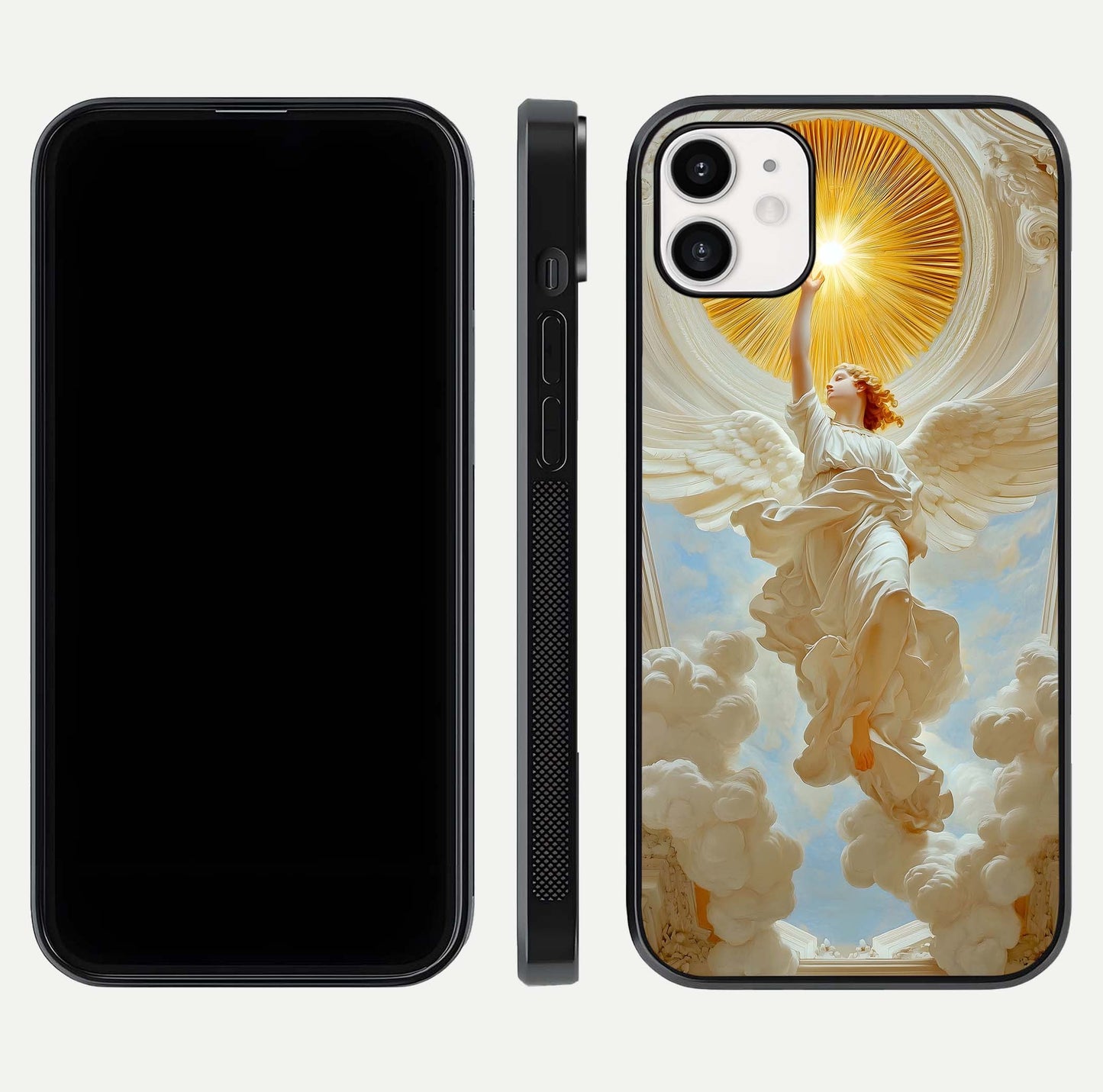 Divine Light Angel Glass Case for iphone-12 dual-view layout displaying celestial tones and smooth curves