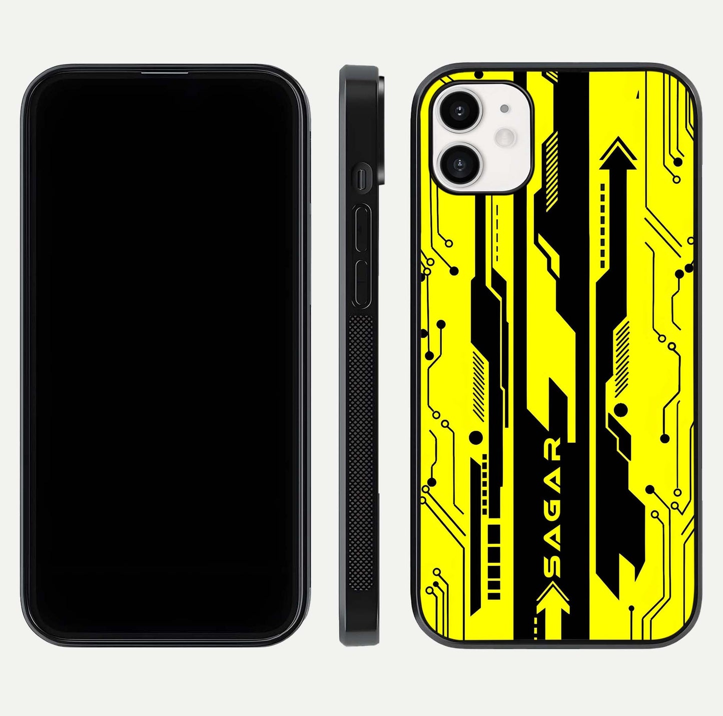 Electric Pulse CYBERPUNK Custom Name Glass Case for iphone-12 dual-view layout displaying futuristic hues and curved glass edges
