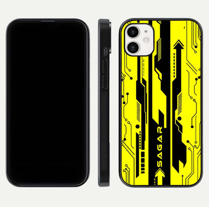 Electric Pulse CYBERPUNK Custom Name Glass Case for iphone-12 dual-view layout displaying futuristic hues and curved glass edges