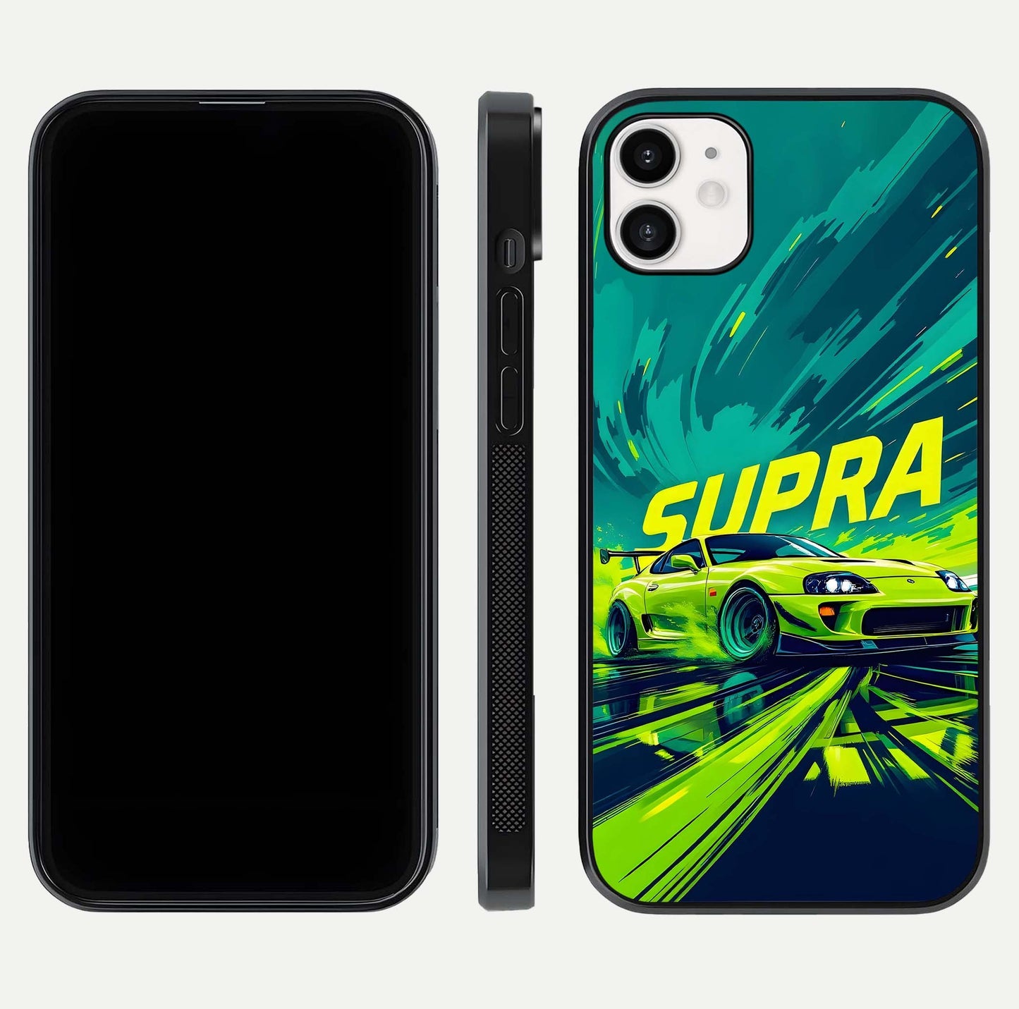 Electric Supra Thunder Glass Case for iphone-12 dual-view layout displaying dynamic motion art and curved finish