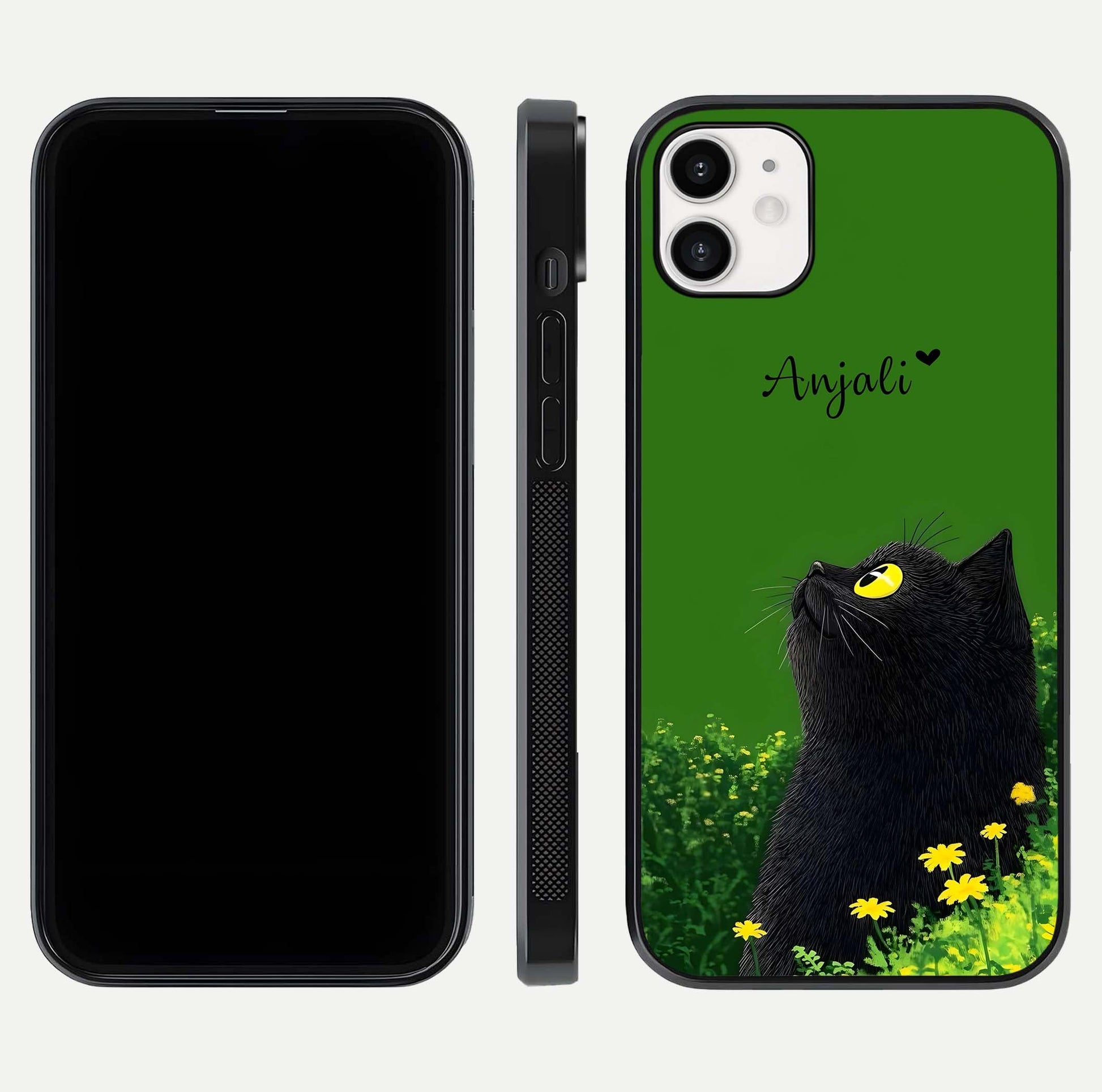 Emerald Cat Custom Name Glass Case for iphone-12 dual-view layout displaying artistic tones and smooth curves