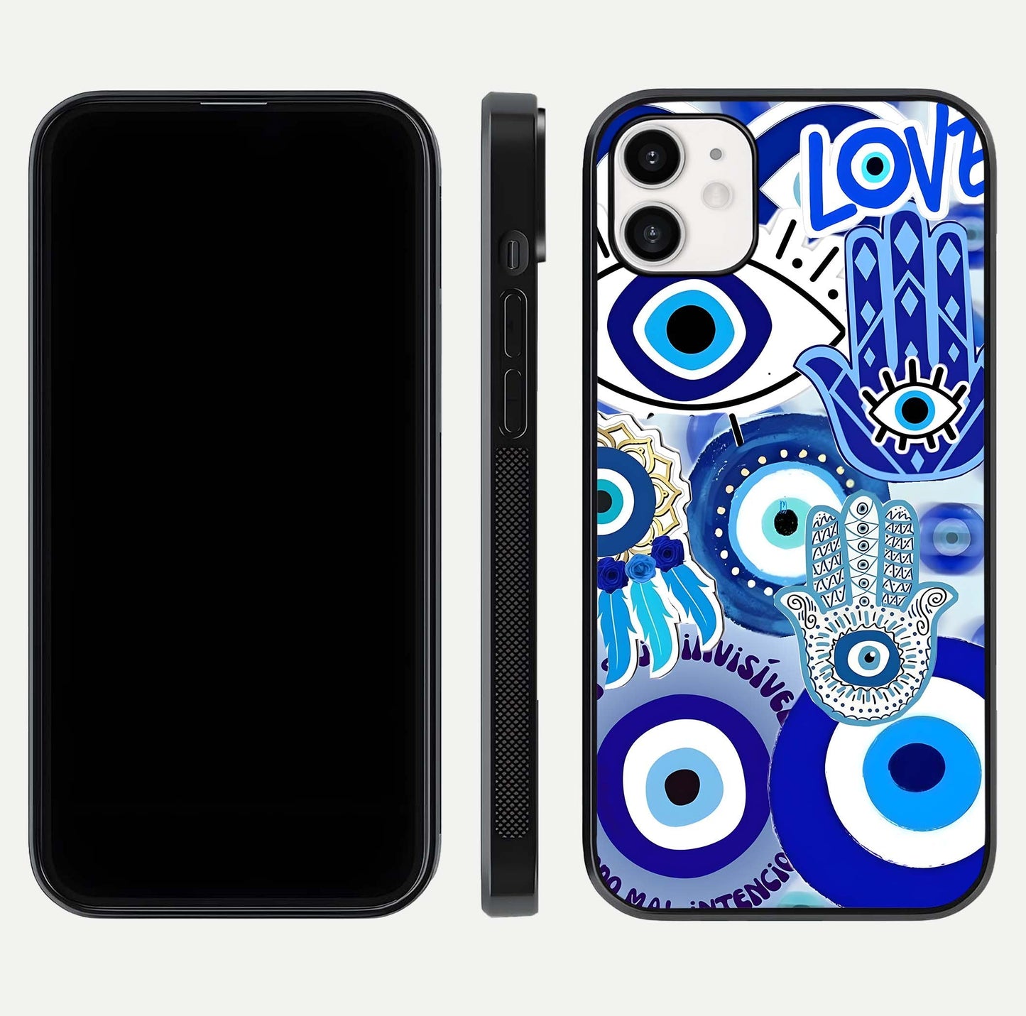 Evil Eyes Dream Glass Case for iphone-12 dual-view layout displaying spiritual motif and polished curved edge