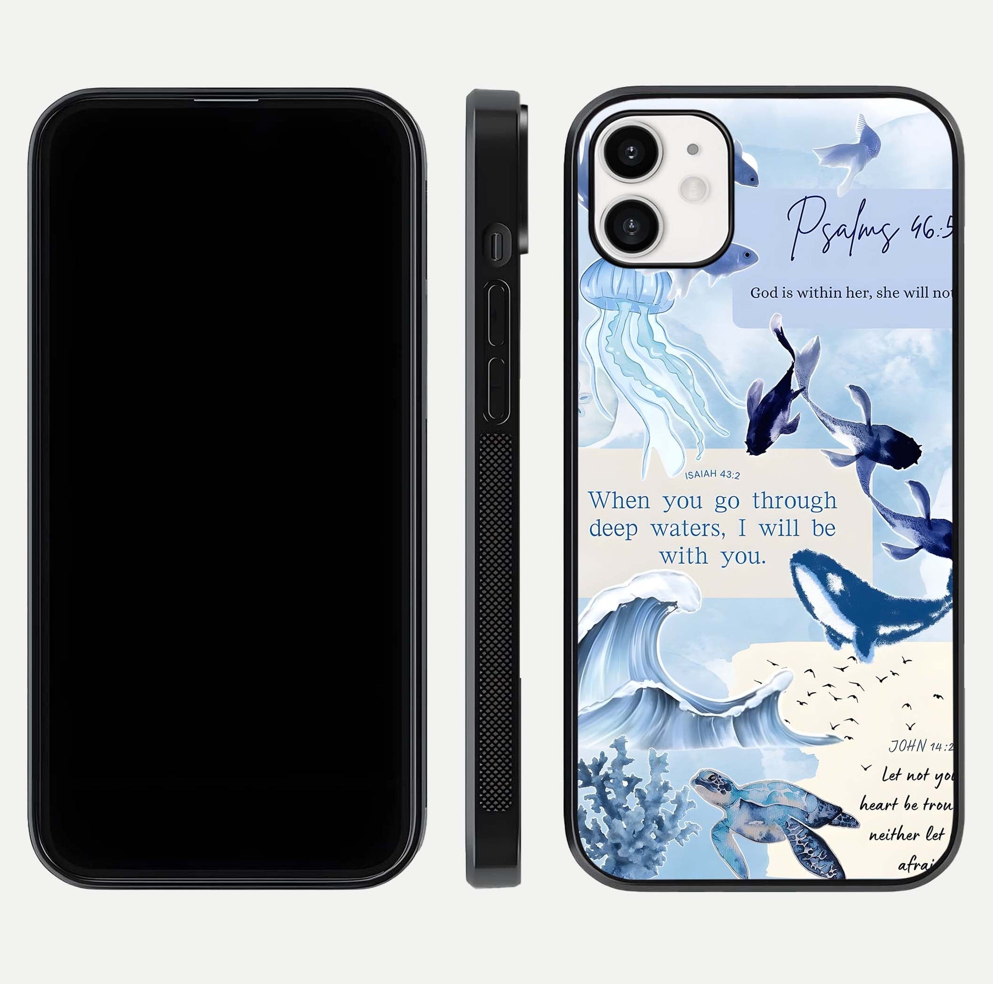 Faithful Ocean Promise Glass Case for iphone-12 dual-view layout showing sea horizon art and curved polish