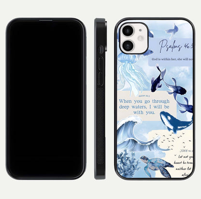 Faithful Ocean Promise Glass Case for iphone-12 dual-view layout showing sea horizon art and curved polish