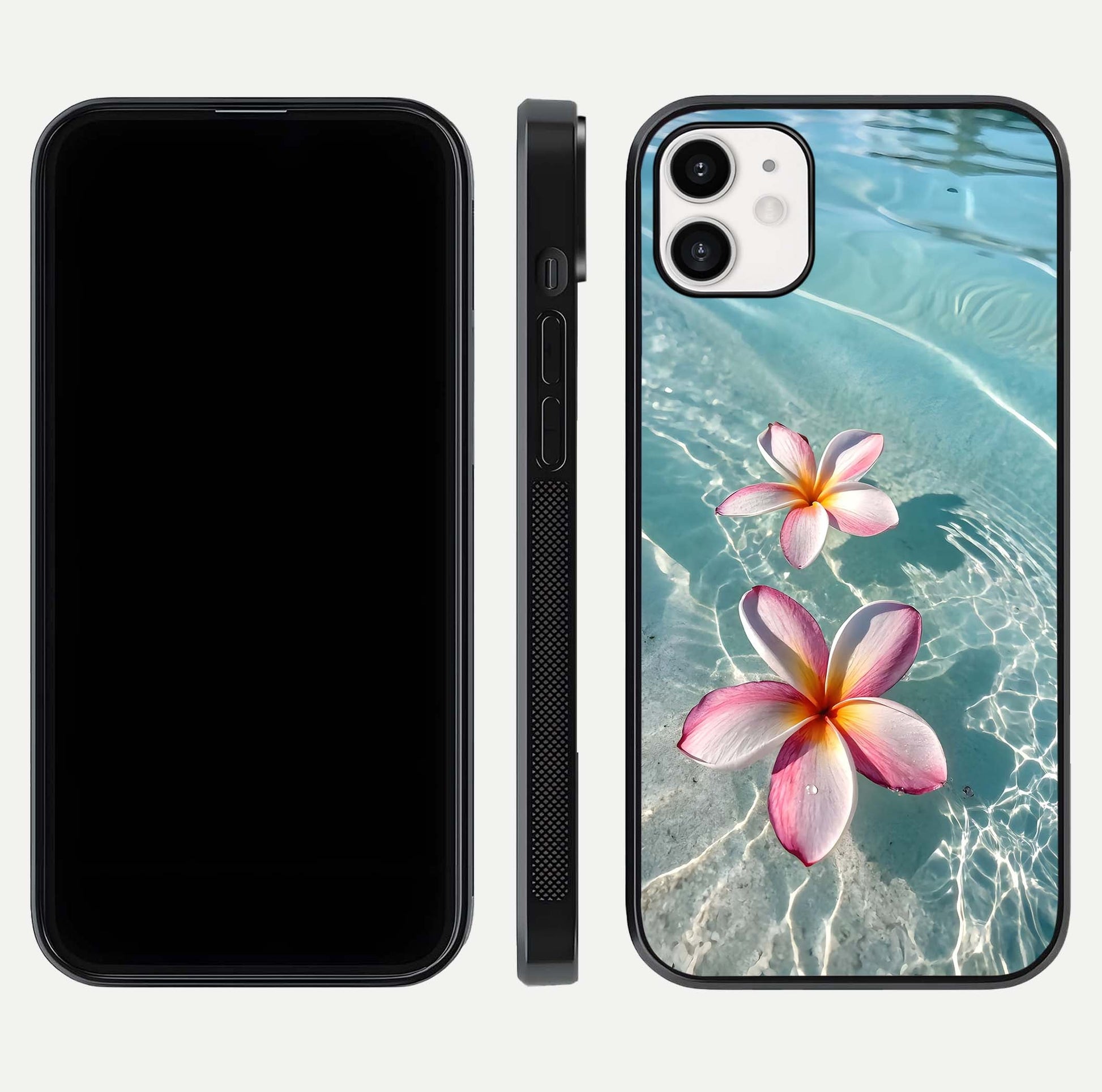 Floating Bloom Bliss Glass Case for iphone-12 dual-view layout displaying soft pastel flowers and curved glass