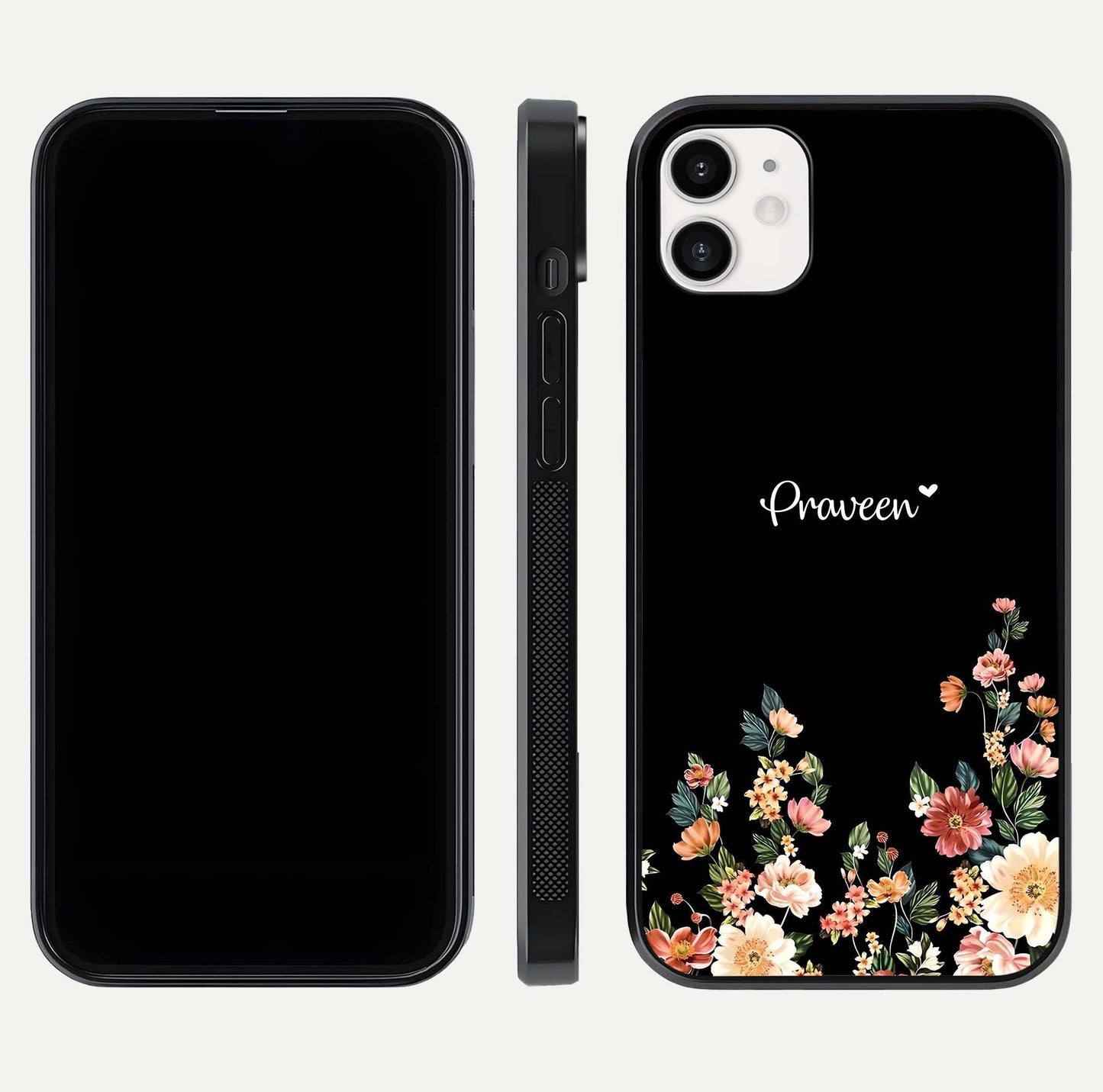 Floral Design Personalized Custom Name Glass Case for iphone-12 dual-view layout displaying artistic tones and curved finish