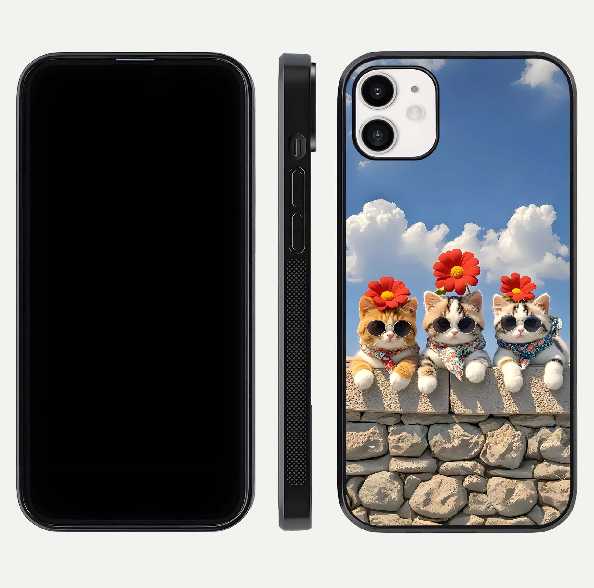 Floral Kitty Squad Glass Case for iphone-12 dual-view layout displaying vibrant tones and smooth edges