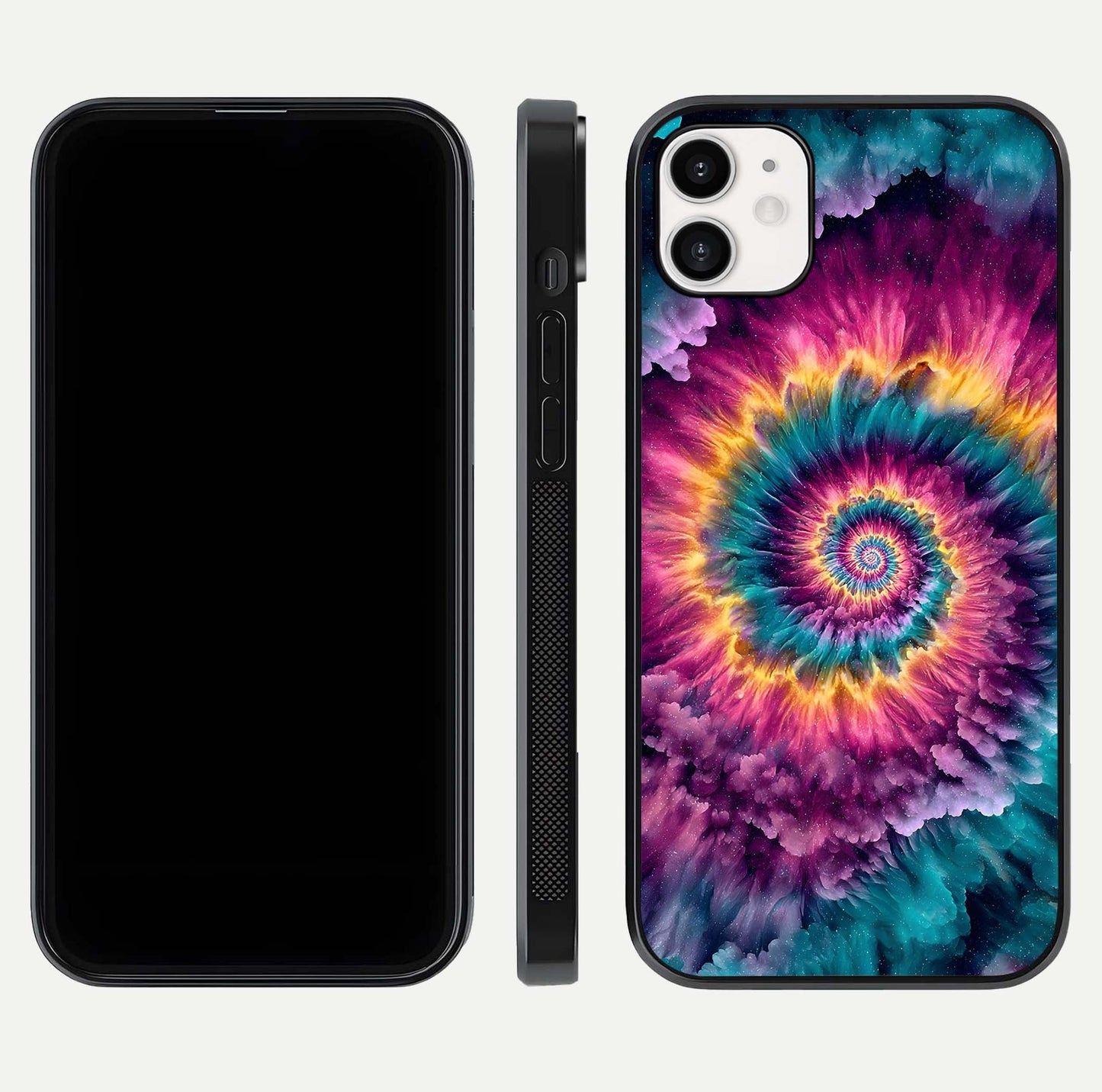 Galactic Spiral Burst Glass Case for iphone-12 front and back view layout highlighting cosmic swirl and curved edges