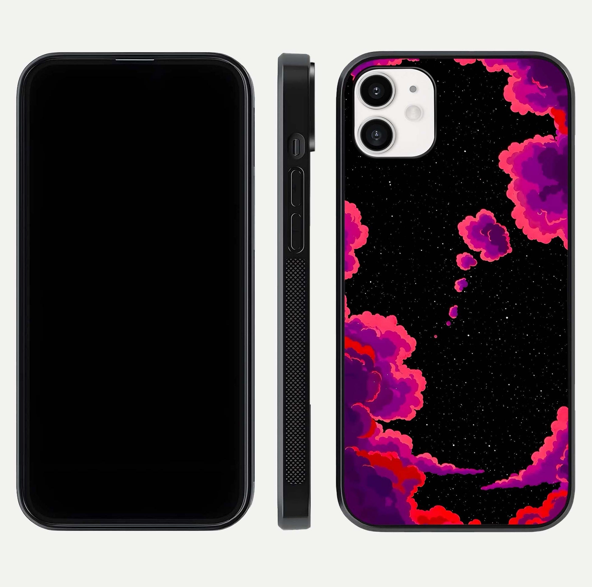 Galaxy Dream Frame Glass Case for iphone-12 front and back view layout highlighting cosmic design and smooth glass curvature
