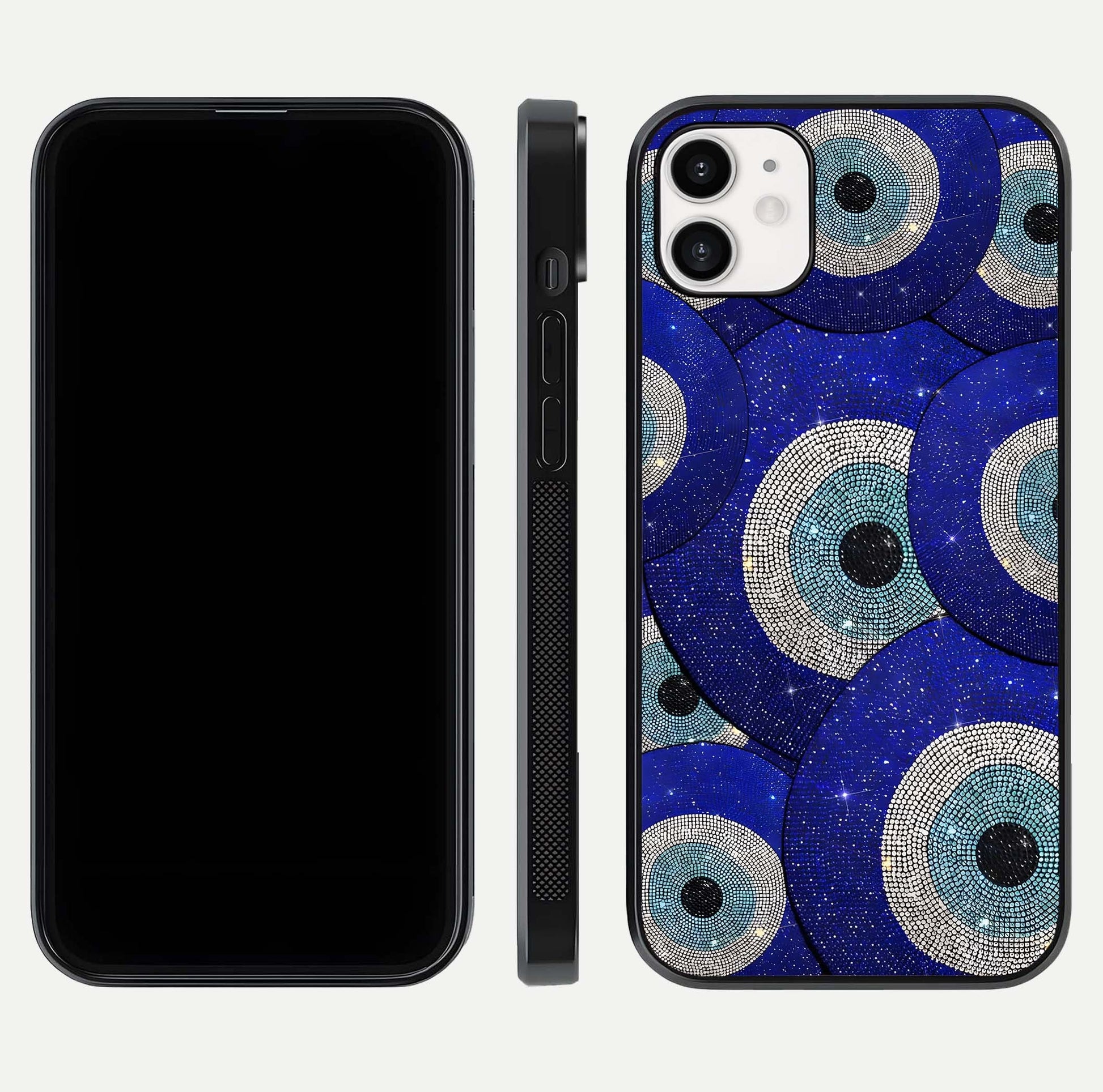Galaxy Eye Flow Glass Case for iphone-12 front and back view layout displaying cosmic art and curved glass borders