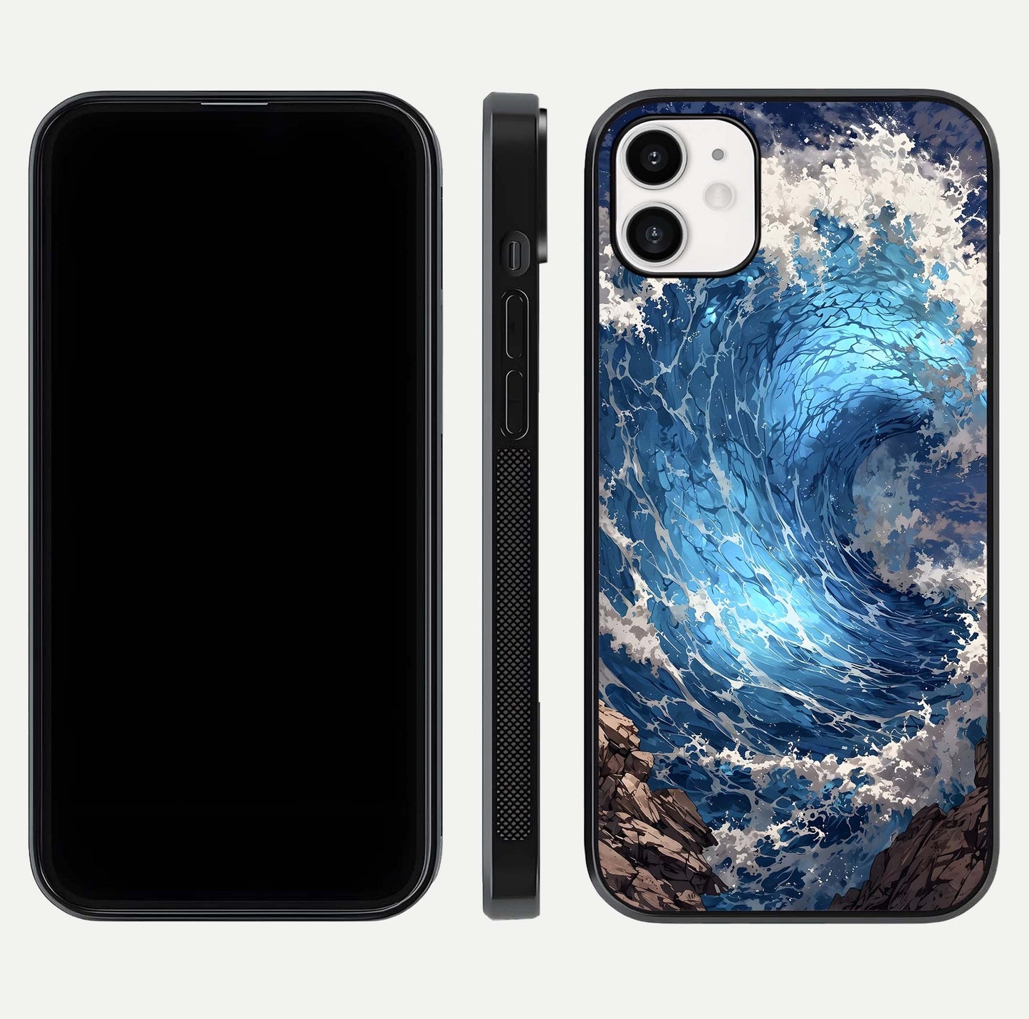 Giant Ocean Wave Glass Case for iphone-12 front and back view layout displaying sea tones and smooth curved edges
