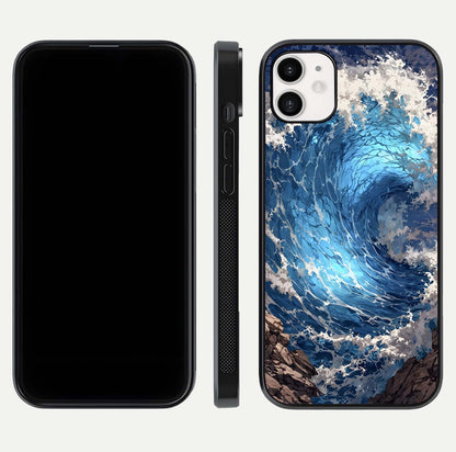 Giant Ocean Wave Glass Case for iphone-12 front and back view layout displaying sea tones and smooth curved edges