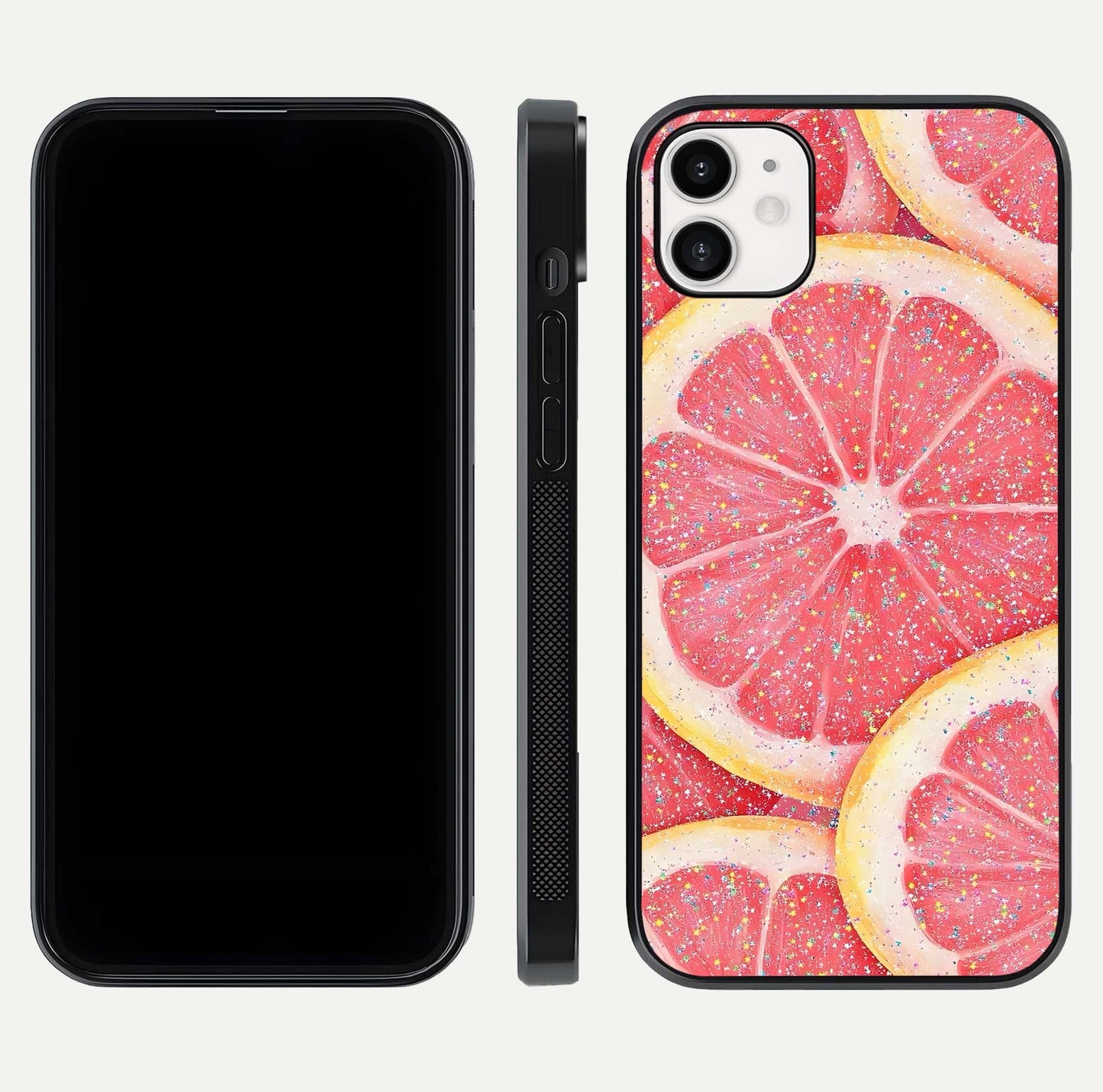 Glitter Grapefruit Glass Case for iphone-12 front and back view layout highlighting citrus hues and smooth glass