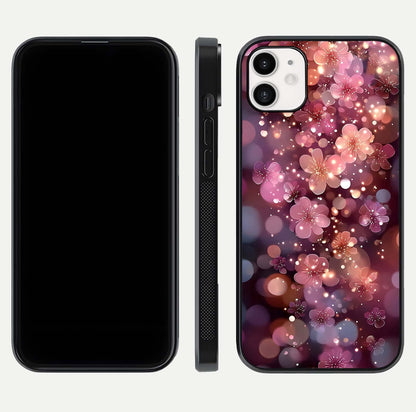 Glowing Petal Bliss Glass Case for iphone-12 front and back view layout displaying artistic floral design and curved glass