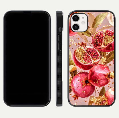 Golden Bloom Glow Glass Case for iphone-12 front and back view layout highlighting luxury floral pattern and curved edges
