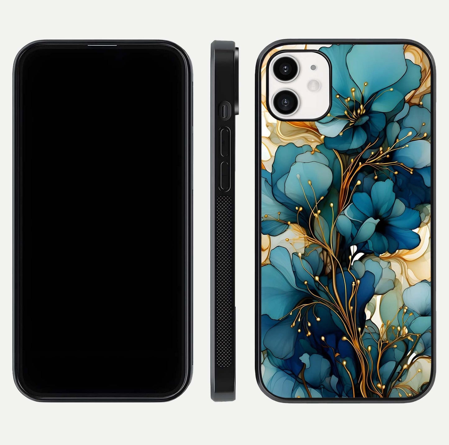 Golden Bloom Symphony Glass Case for iphone-12 front and back view layout highlighting rich floral tones and curved glass edges
