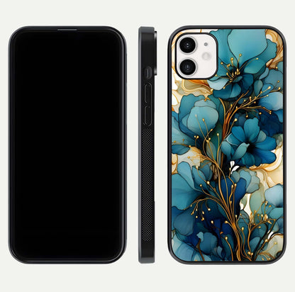 Golden Bloom Symphony Glass Case for iphone-12 front and back view layout highlighting rich floral tones and curved glass edges