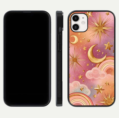 Golden Celestial Dreams Glass Case for iphone-12 front and back view layout highlighting celestial motifs and smooth curved edge