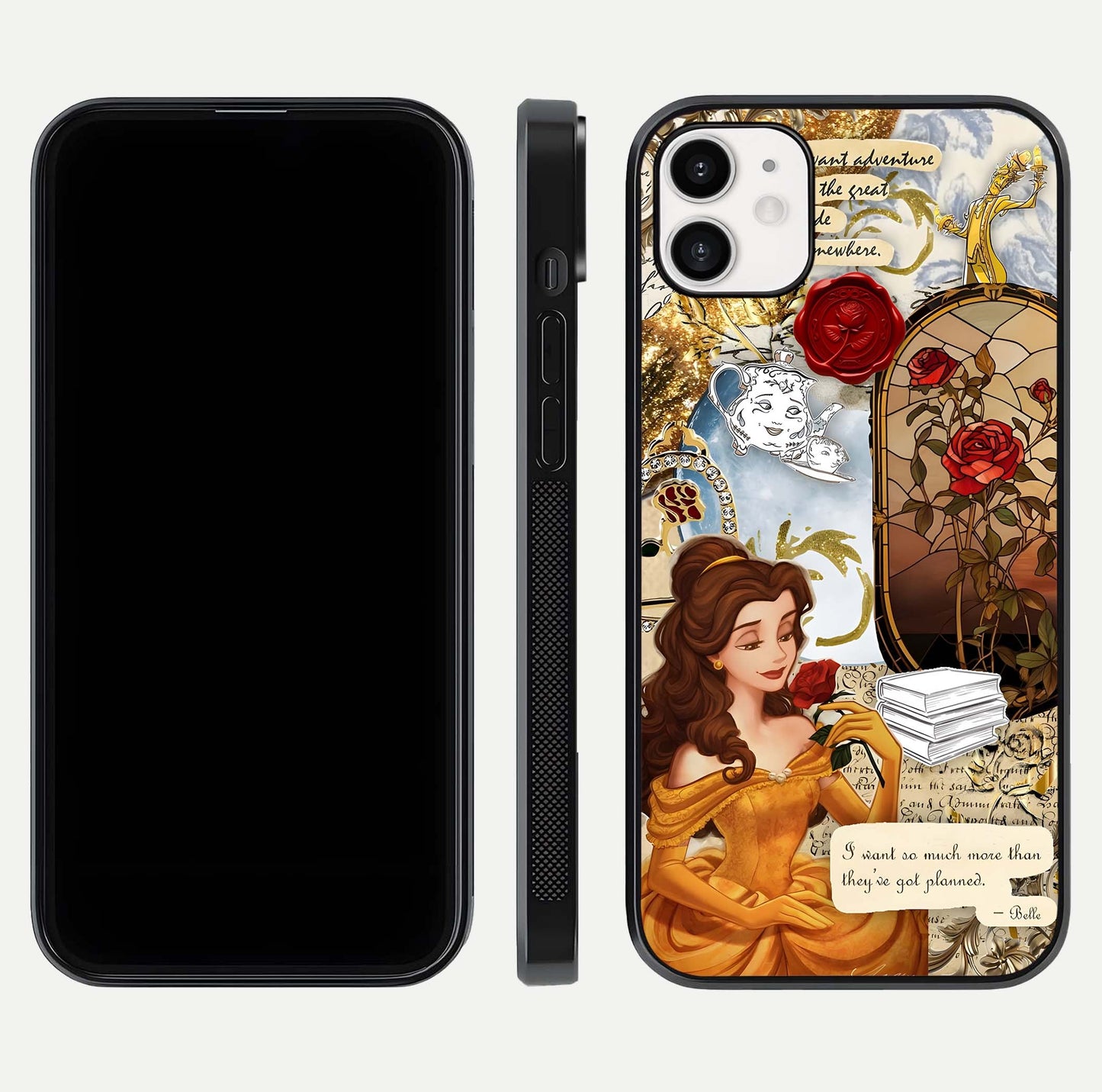 Golden Dream Belle Glass Case for iphone-12 front and back view layout displaying dreamy golden theme and smooth curvature