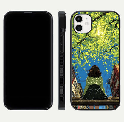 Golden Leaves Glow Glass Case for iphone-12 front and back view layout highlighting glowing tones and curved edges