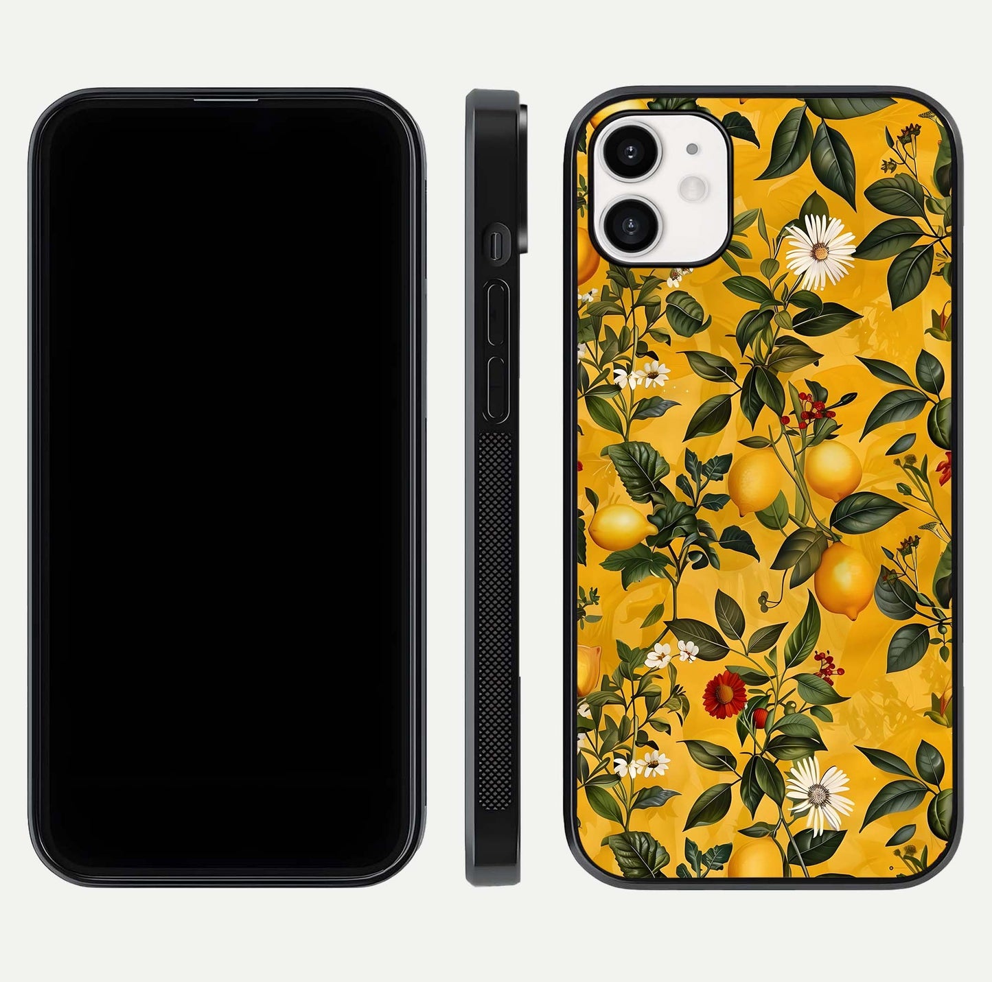 Golden Lemon Field Glass Case for iphone-12 front and back view layout highlighting fruity tones and curved glass edges