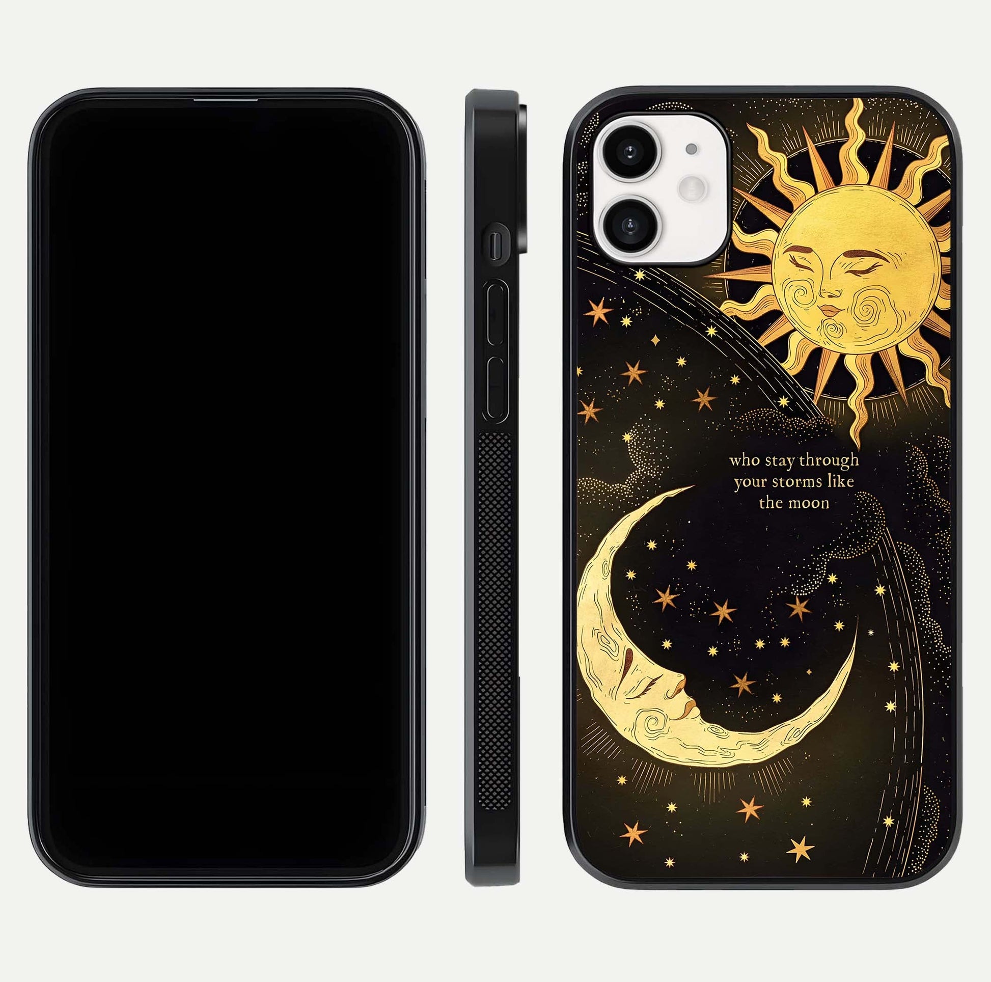 Golden Lunar Love Glass Case for iphone-12 front and back view layout highlighting celestial tones and curved edges