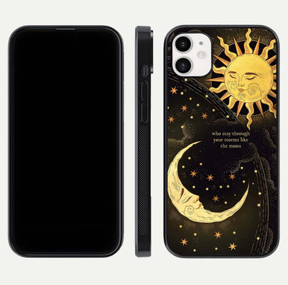 Golden Lunar Love Glass Case for iphone-12 front and back view layout highlighting celestial tones and curved edges