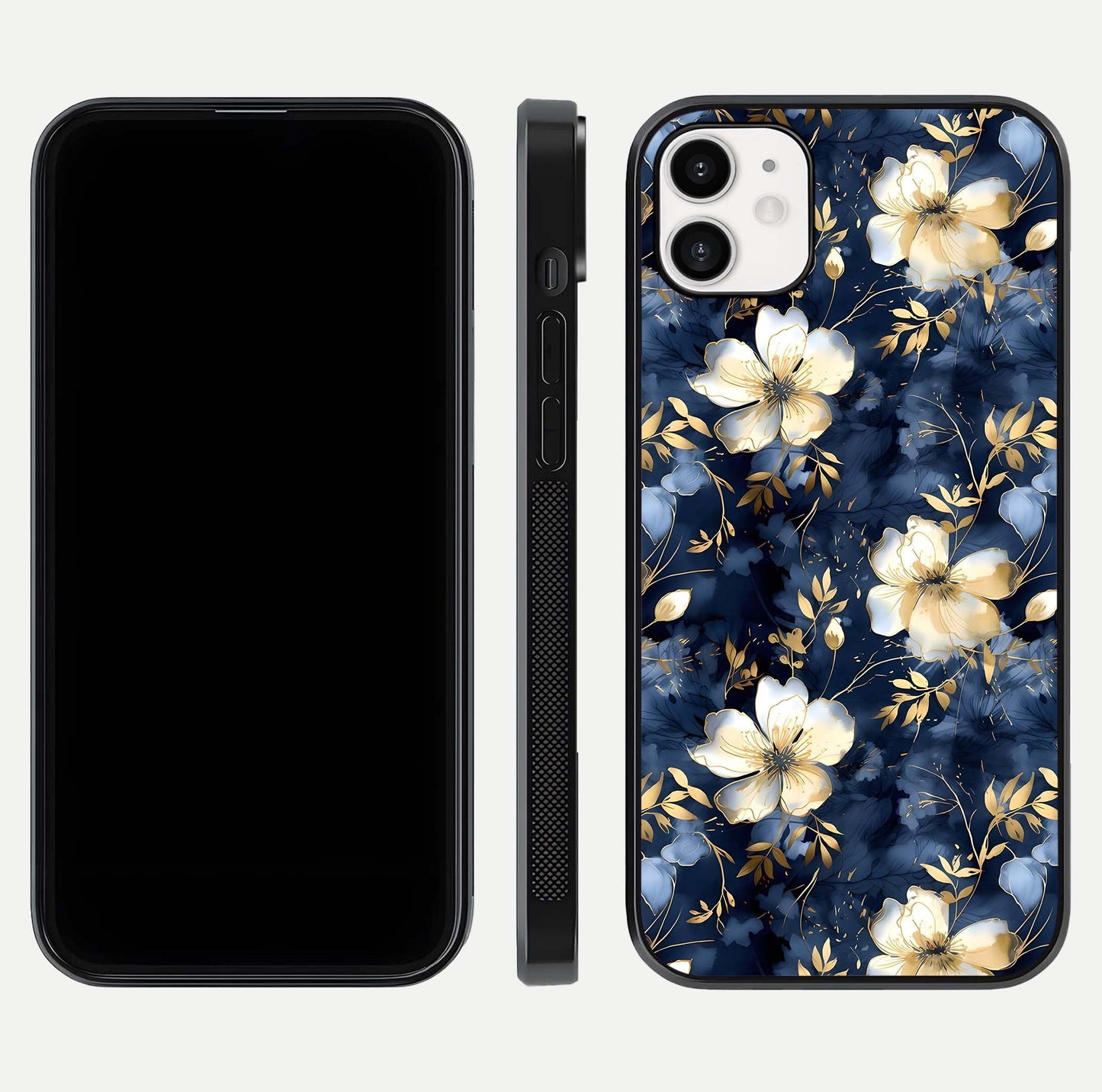 Golden Midnight Bloom Glass Case for iphone-12 front and back view layout highlighting dark-gold tones and smooth curves