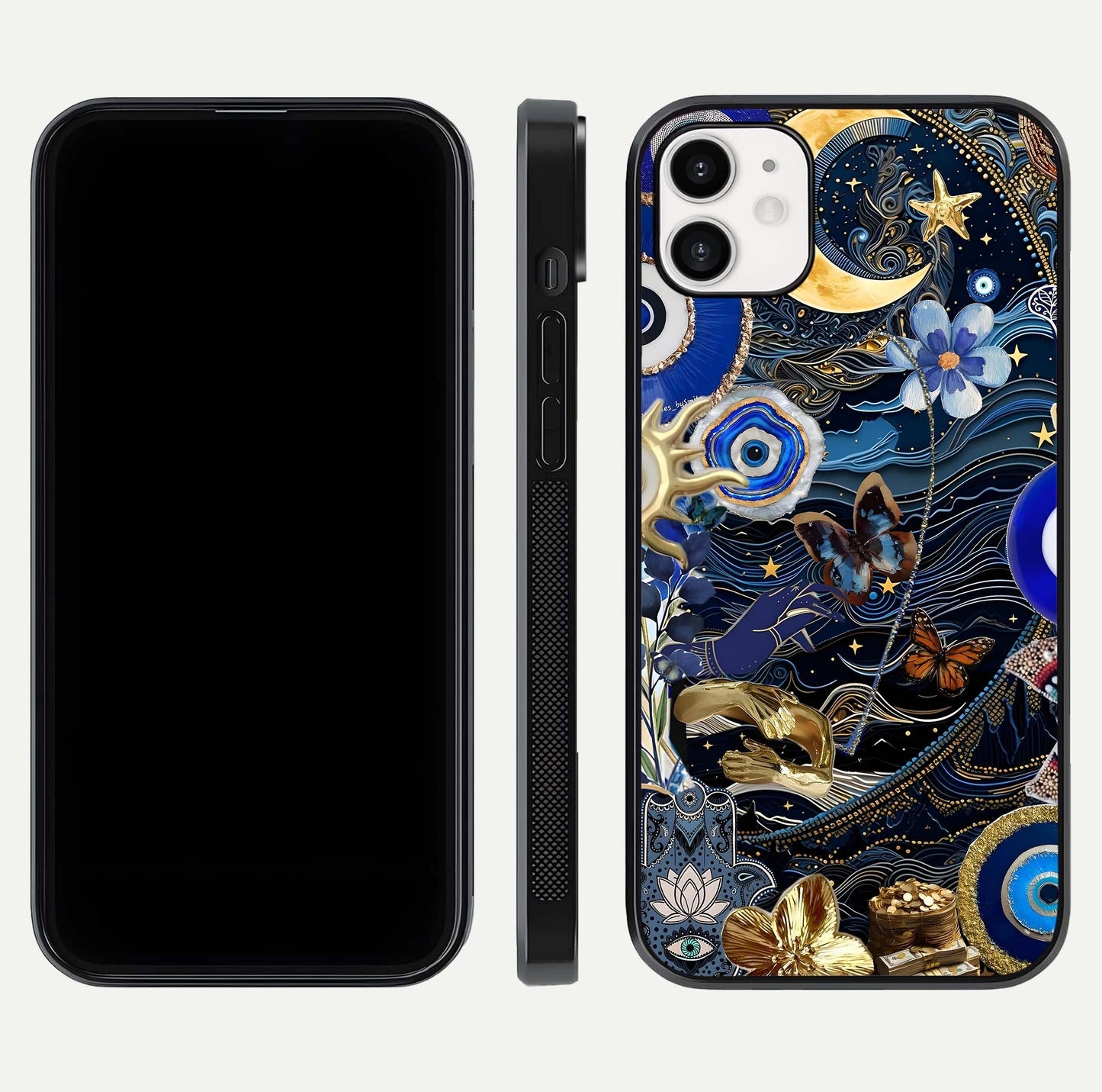 Golden Moon Magic Glass Case for iphone-12 front and back view layout highlighting celestial tones and curved glass