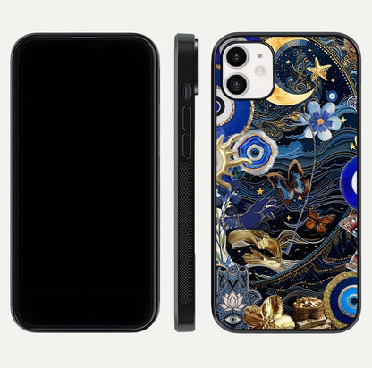 Golden Moon Magic Glass Case for iphone-12 front and back view layout highlighting celestial tones and curved glass