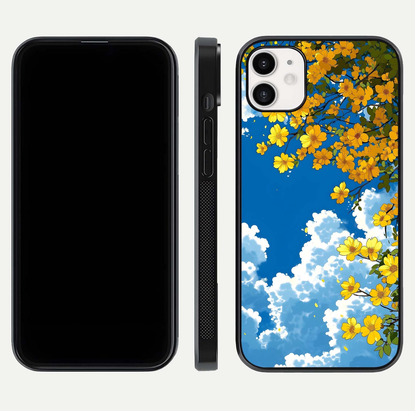 Golden Petal Sky Glass Case for iphone-12 front and back view layout highlighting floral pattern and curved glass edges