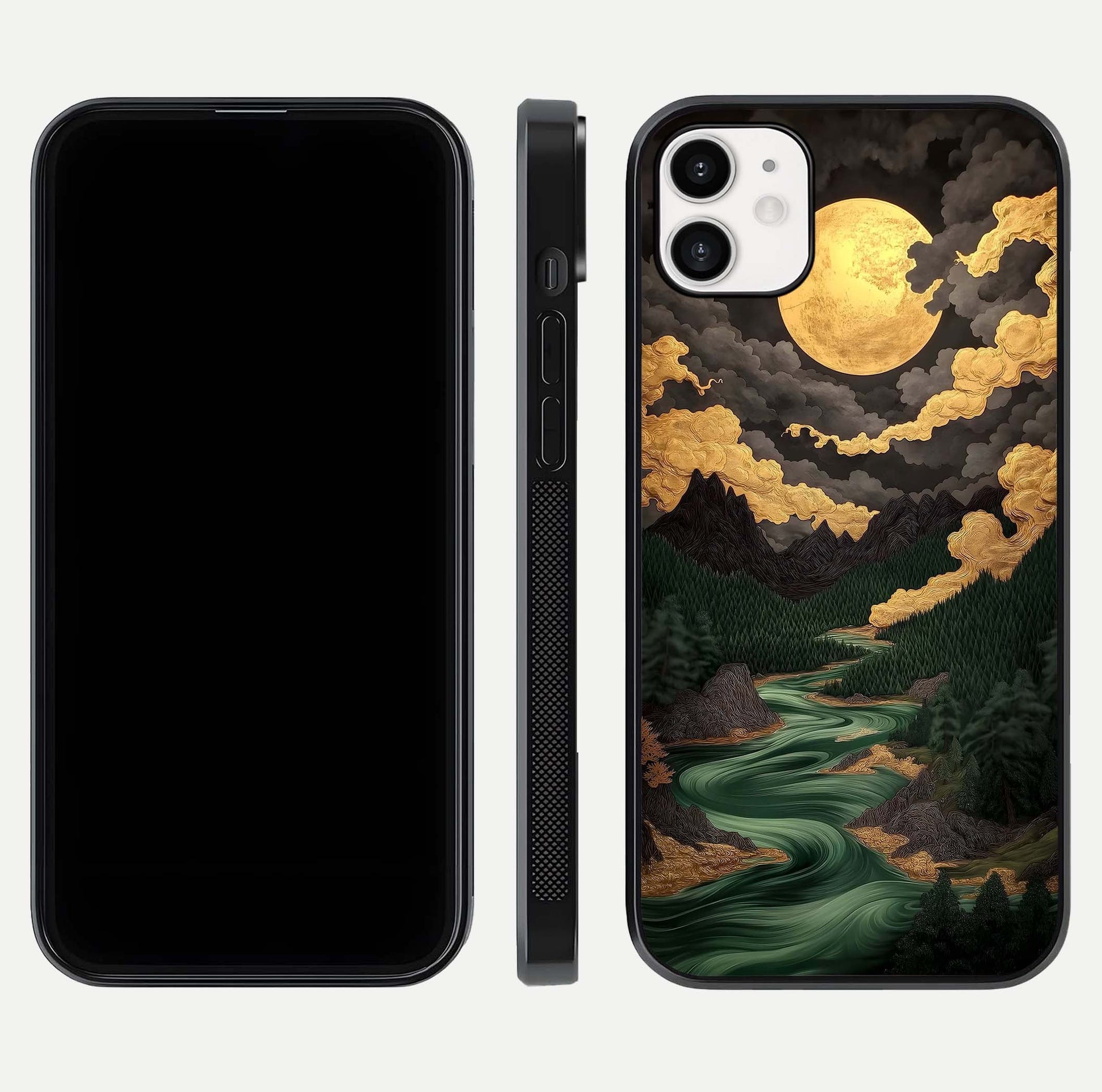 Golden River Moon Glass Case for iphone-12 front and back view layout displaying celestial glow and smooth curves