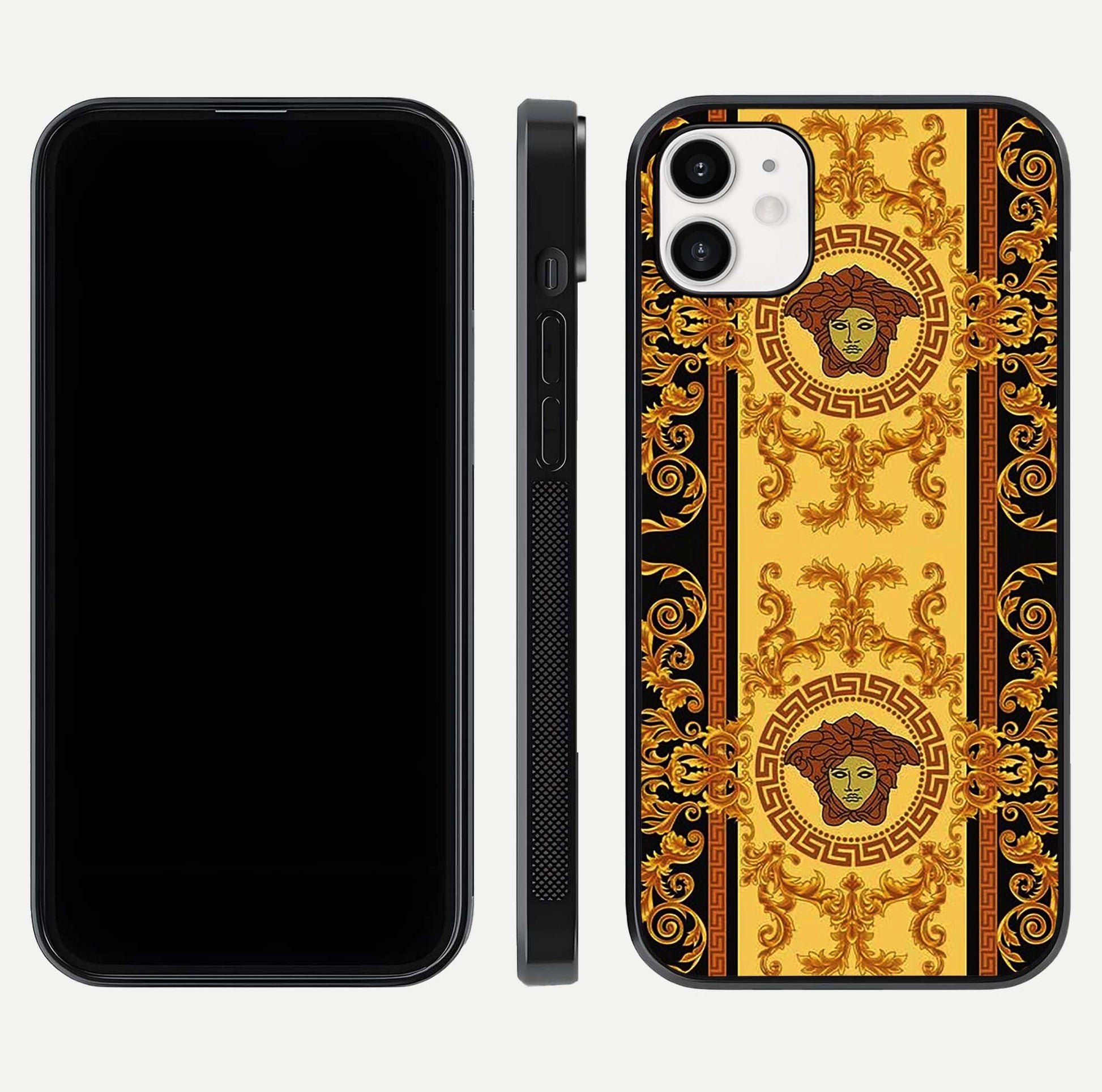 Golden Royal Heritage Glass Case for iphone-12 front and back view layout displaying ornate gold texture and curved edges