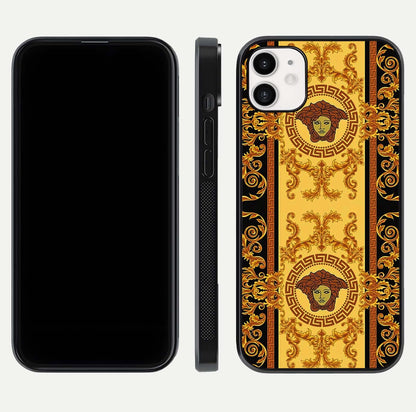 Golden Royal Heritage Glass Case for iphone-12 front and back view layout displaying ornate gold texture and curved edges